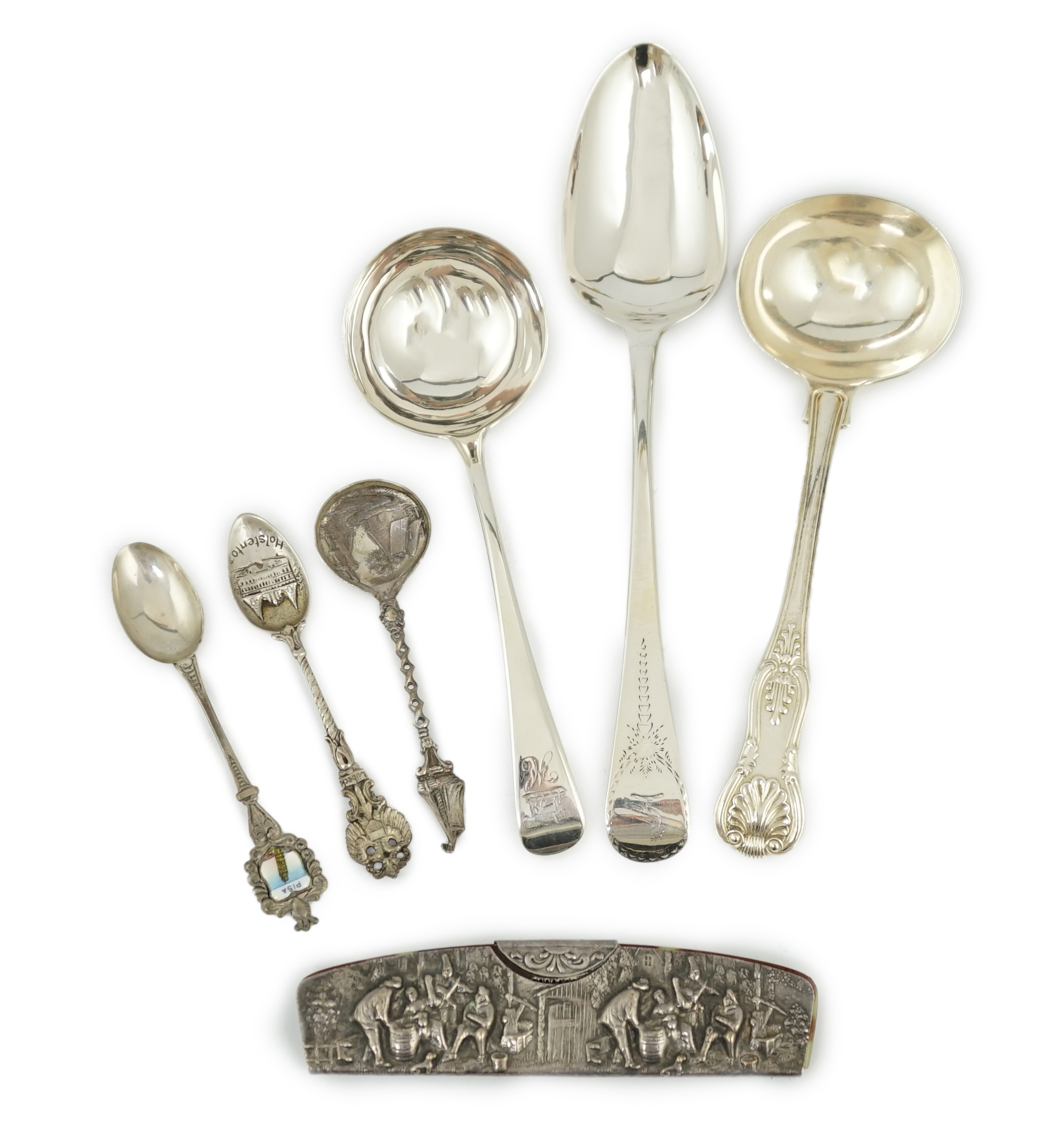 A collection of assorted 18th century and later silver flatware, including table spoons, teaspoons, sauce ladles, sifter spoon, etc. various patterns, dates and makers, 47.9oz, together with nine sterling or white metal